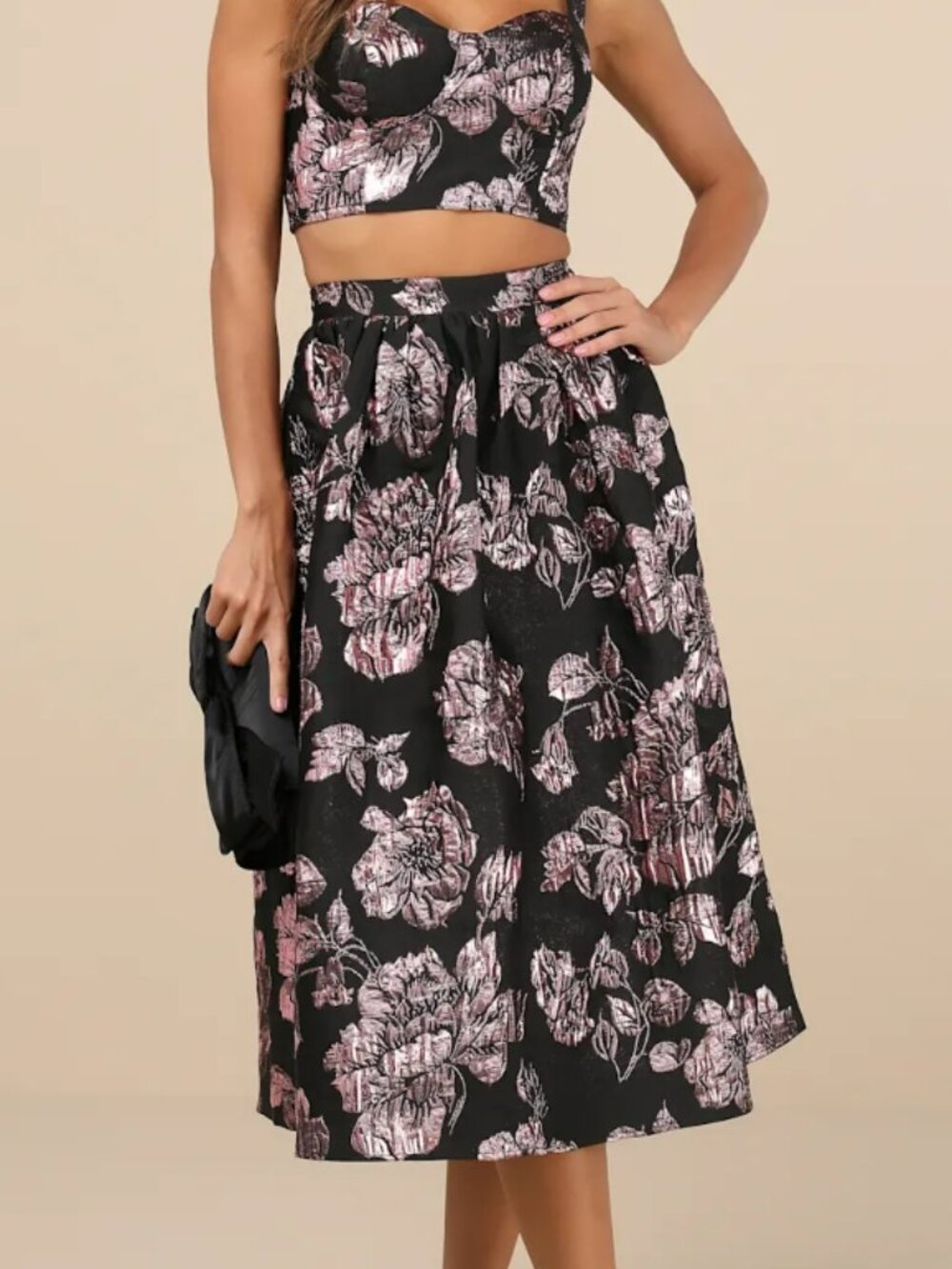 Lulu's Black A-Line Skirt with Pink Floral Foil